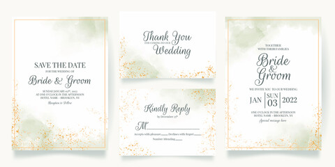 Fototapeta premium watercolor creamy wedding invitation card template set with golden floral decoration 
