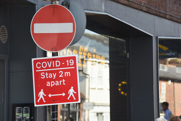 St Albans, Hertfordshire, England, 16th September 2020, Signs advise the public to maintain social distance due to Covid-19 pandemic in UK