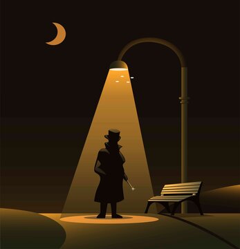 Sillhouette of Jack the ripper under street light at park in night. urban legend horror scene concept illustration vector