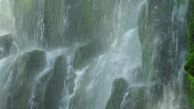 Mossy rocks under Ramona Falls, close up