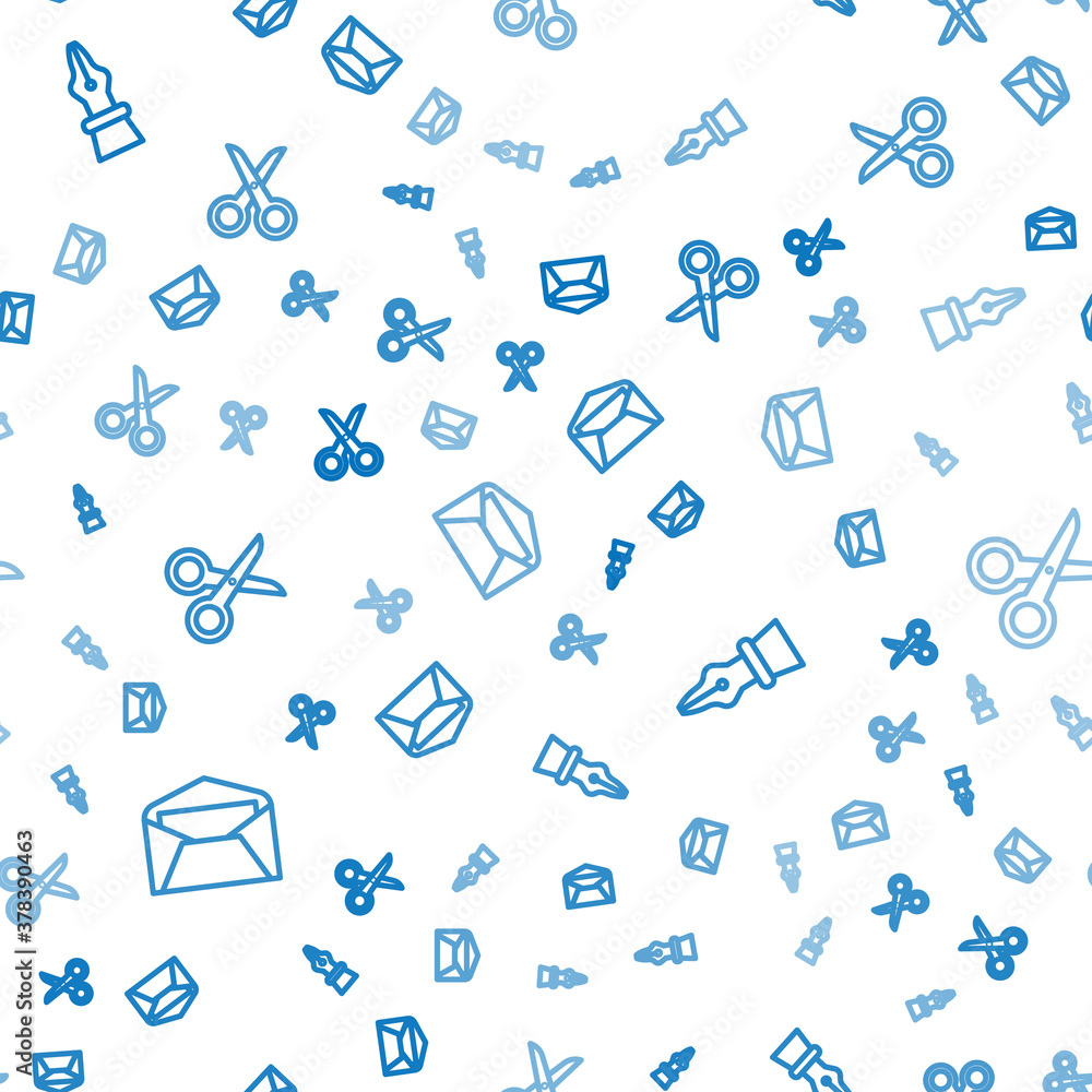 Poster set line envelope, fountain pen nib and scissors on seamless pattern. vector.