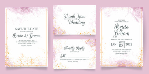 watercolor creamy wedding invitation card template set with golden floral decoration 