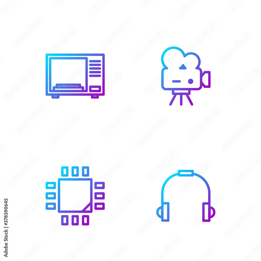 Poster set line headphones, processor with microcircuits cpu, microwave oven and retro cinema camera. gradi