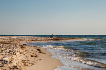 Fototapeta na wymiar Beautiful sandy beach by the sea. Dzharylgach island.