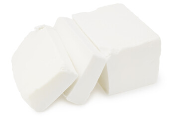 Slices feta cheese isolated on white background. Clipping path and full depth of field