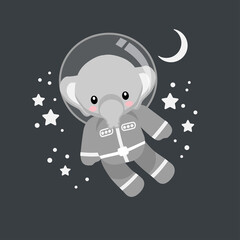 cute elephant astronaut cartoon doodle vector illustration design for print