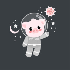 cute pig astronaut cartoon doodle vector illustration design for print