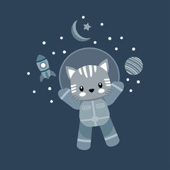 cute cat astronaut cartoon doodle vector illustration design for print