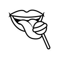 Pop art mouth licking sweet candy green lollipop line style icon