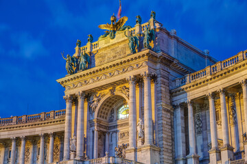 Detail of the Neue Burg at Hofburg in Vienna at night