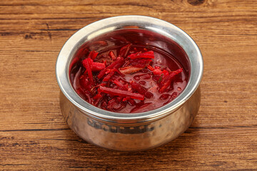 Russian traditional Borsch soup with cabbage