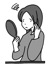 手鏡で肌荒れの状態が気になる女性の手描きモノクロイラスト