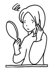 手鏡で肌荒れの状態が気になる女性の手描き線画イラスト