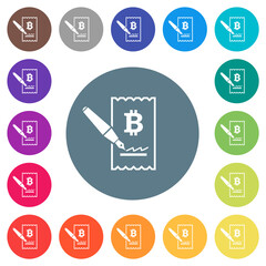 Signing Bitcoin cheque flat white icons on round color backgrounds