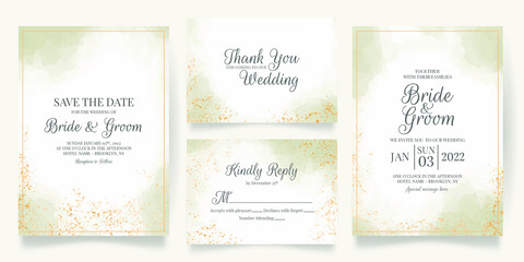 Fototapeta na wymiar watercolor creamy wedding invitation card template set with golden floral decoration 