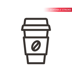 Coffee to go thin line vector icon. Coffee paper cup outline simple symbol with coffee bean, editable stroke.