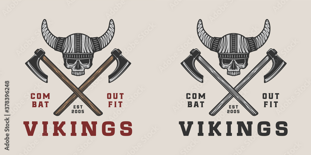 Wall mural Vintage retro viking warrior label, badge, emblem and logo. Vector illustration. Monochrome Graphic Art.