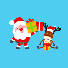 Santa brings a Christmas present and the reindeer opens it