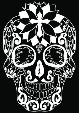 Mexican sugar skull  with floral design and cross. Design element for poster, card, print, emblem, sign, tattoo, t-shirt.  Black and white vector illustration for Day of the Dead Celebration Festival