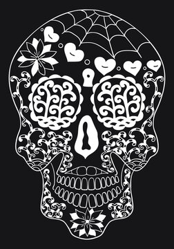 Mexican sugar skull  with floral design . Design element for poster, card, print, emblem, sign, tattoo, t-shirt.  Black and white vector illustration for Day of the Dead Celebration Festival