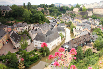 Fototapeta premium beautiful medieval houses, a monastery, a stone bridge over the river, a top view of the city of Luxembourg, an old fortress,concept of architectures, tourism, travel
