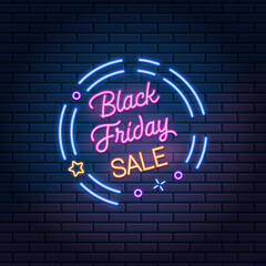 Black Friday Sale glowing neon sign on dark brick wall background, vector illustration. Shopping discount advertising banner.