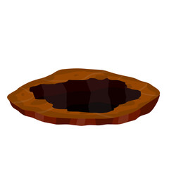 Big hole in ground. Brown dry soil and mine. Element of desert landscape. Cartoon illustration