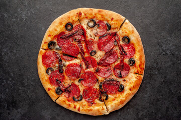 pizza pepperoni with salami sausages, mozzarella, olives, Provencal herbs, signature tomato sauce...