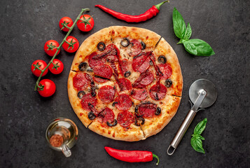 pizza pepperoni with salami sausages, mozzarella, olives, Provencal herbs, signature tomato sauce...