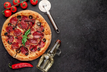 pizza pepperoni with salami sausages, mozzarella, olives, Provencal herbs, signature tomato sauce...