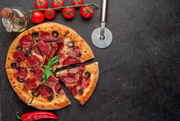 pizza pepperoni with salami sausages, mozzarella, olives, Provencal herbs, signature tomato sauce...