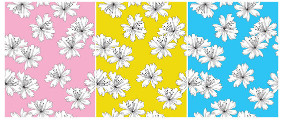 Flowers Abstract Irregular Vivid Color Floral Seamless Vector Patterns. Hand Drawn Flowers on a Blue,Yellow and Pink Background. Simple Tropical Garden Print. 