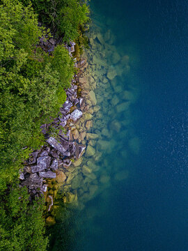Russia, Republic Of Karelia, Sortavala, Aerial view of rocky shore of Lake Light