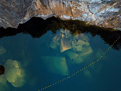 Russia, Republic of Karelia, Ruskeala, Aerial view of marble in Marble Lake