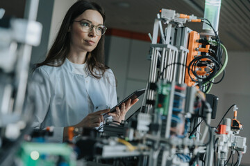 Female scientist holding digital tablet while examining machinery in laboratory