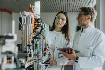 Scientist examining machinery in laboratory