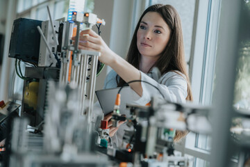 Confident female engineer inventing machinery in laboratory