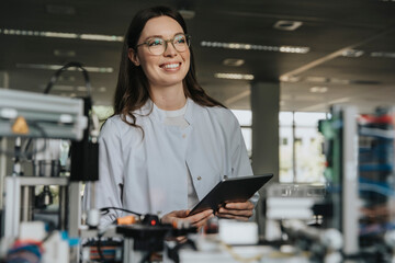Smiling female scientist holding digital tablet looking away while standing by machinery in laboratory