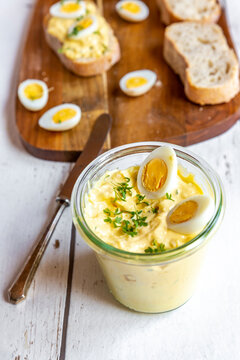 Jar of homemade egg salad with cress
