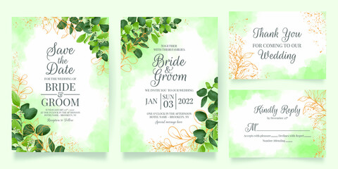 watercolor creamy wedding invitation card template set with golden floral decoration 