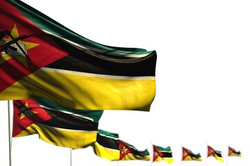 nice Mozambique isolated flags placed diagonal, image with bokeh and place for your content - any celebration flag 3d illustration..