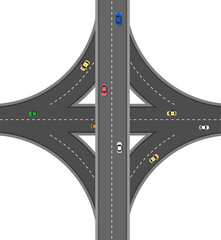 Naklejka premium Top view road with different cars. Autobahn and highway junction. City infrastructure with transportation elements. Vector illustration in a flat modern style. 