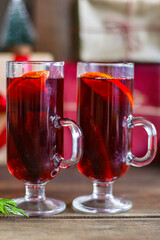 mulled drink red wine fruit tea hot grog glass winter serving size spices beverage New Year and Christmas top view copy space for text food background rustic