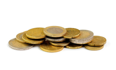Euro coins on a white background close-up. Money and expenses concept. Place for text, copy space.