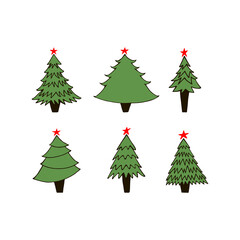 Set of hand drawn green New Year trees on white background. Vector illustration.