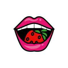 Pop art mouth eating strawberry fill style icon