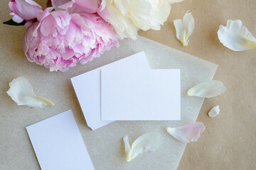 Obraz na płótnie Canvas Business cards mockup with peonies, business card photo, floral business card template, jpg