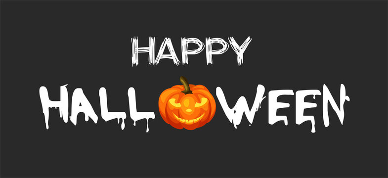 Happy halloween banner with spooky pumpkin and bat isolated on black background. Vector illustration