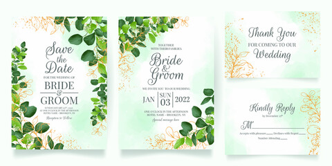 watercolor creamy wedding invitation card template set with golden floral decoration 