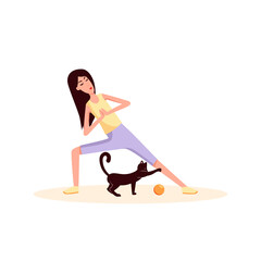 Woman doing gymnastics. Near to her a cat play ball. Color vector flat cartoon illustration isolated on white.